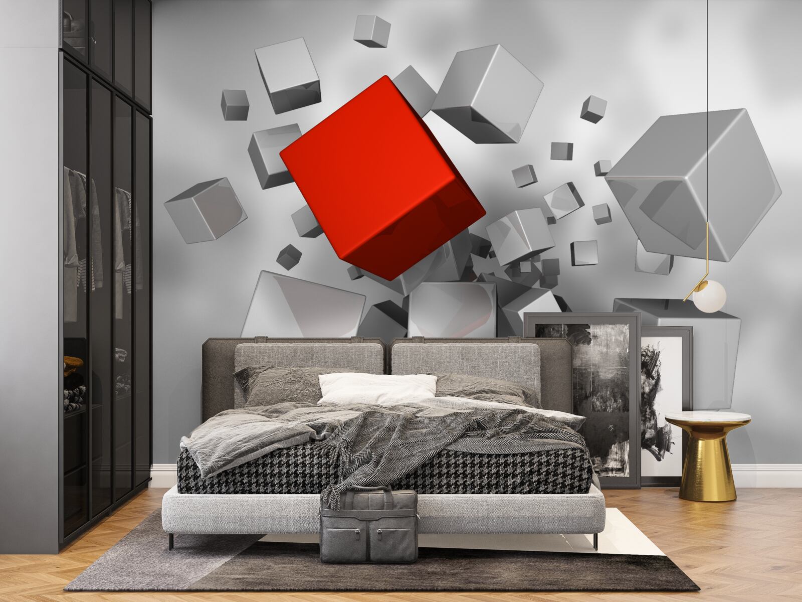 Fotobehang grote witte kubussen en een scharlakenrode kubus