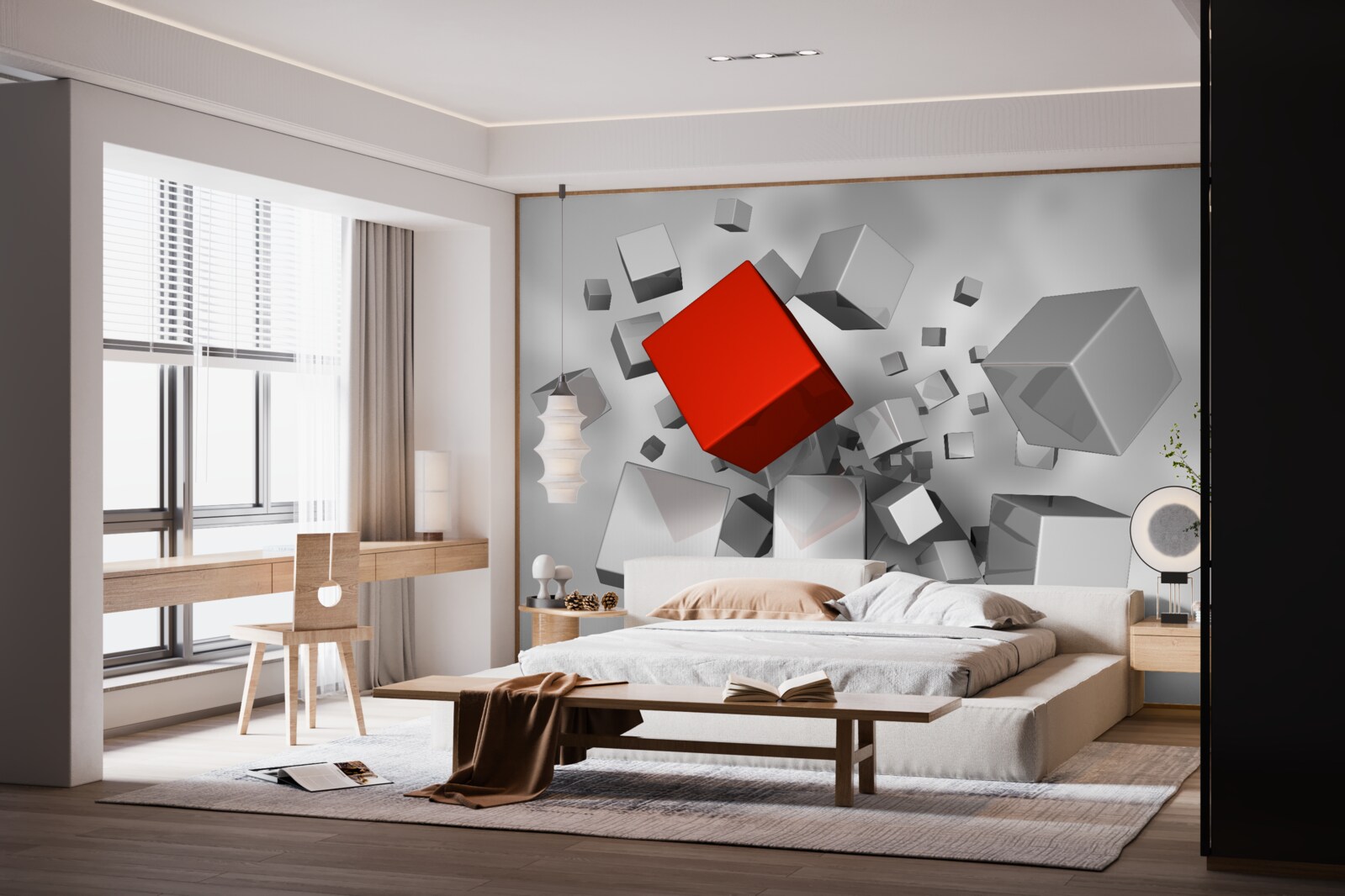 Fotobehang grote witte kubussen en een scharlakenrode kubus