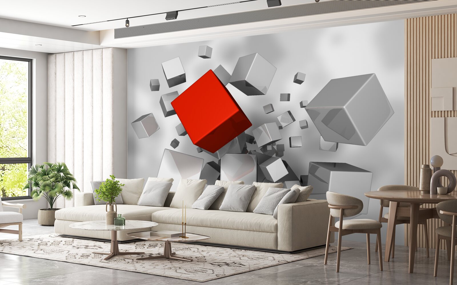 Fotobehang grote witte kubussen en een scharlakenrode kubus