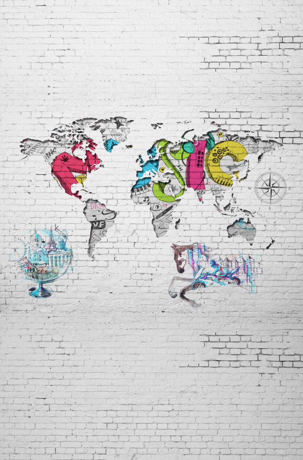 Fotobehang wereldkaart in verschillende kleuren op een witte muur