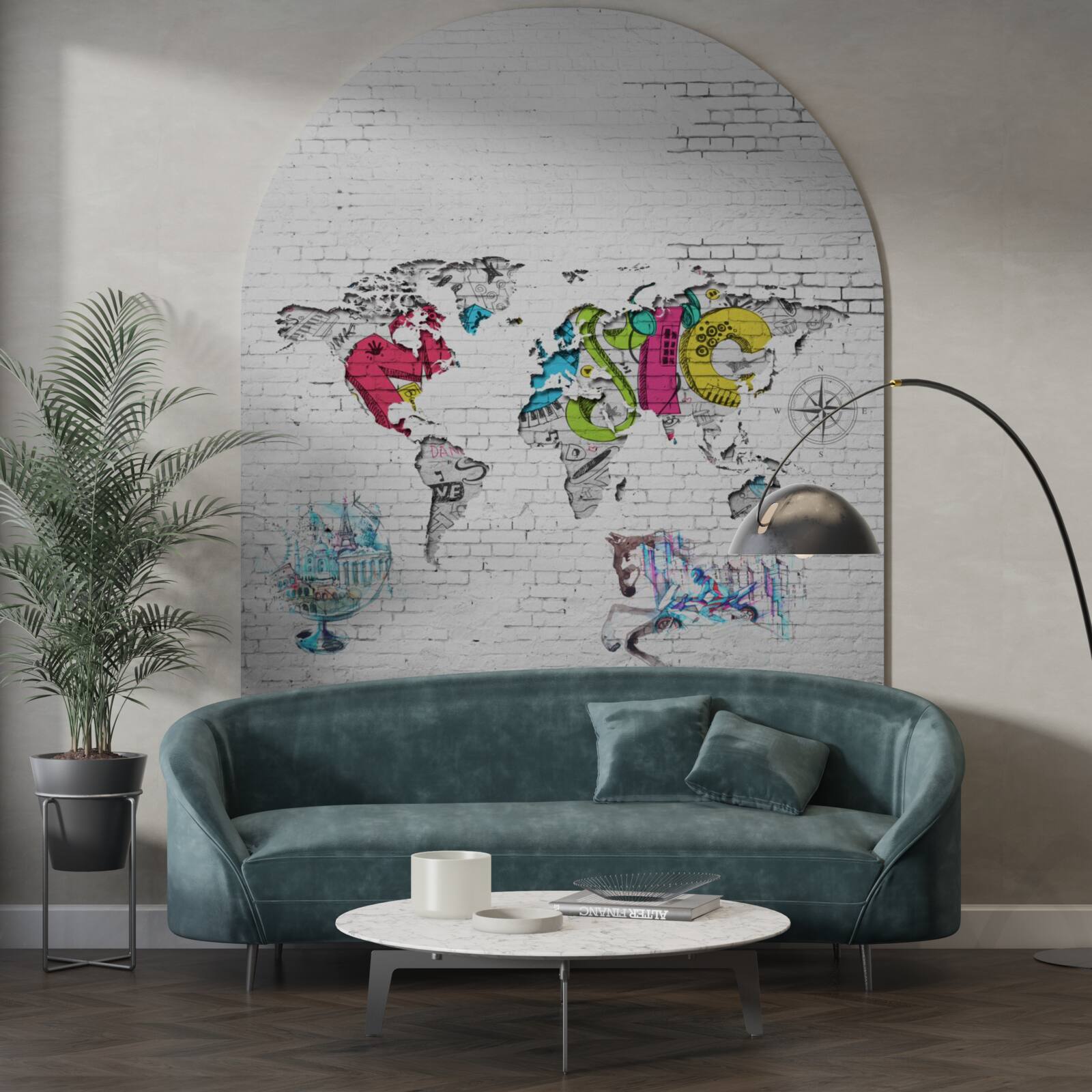 Fotobehang wereldkaart in verschillende kleuren op een witte muur