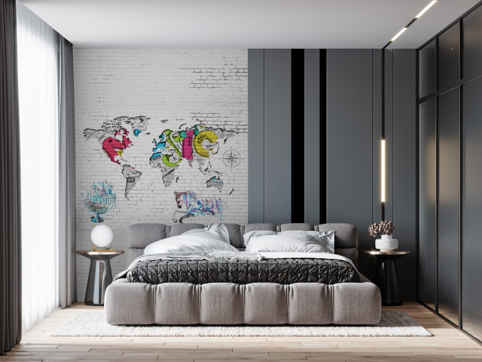 Fotobehang wereldkaart in verschillende kleuren op een witte muur