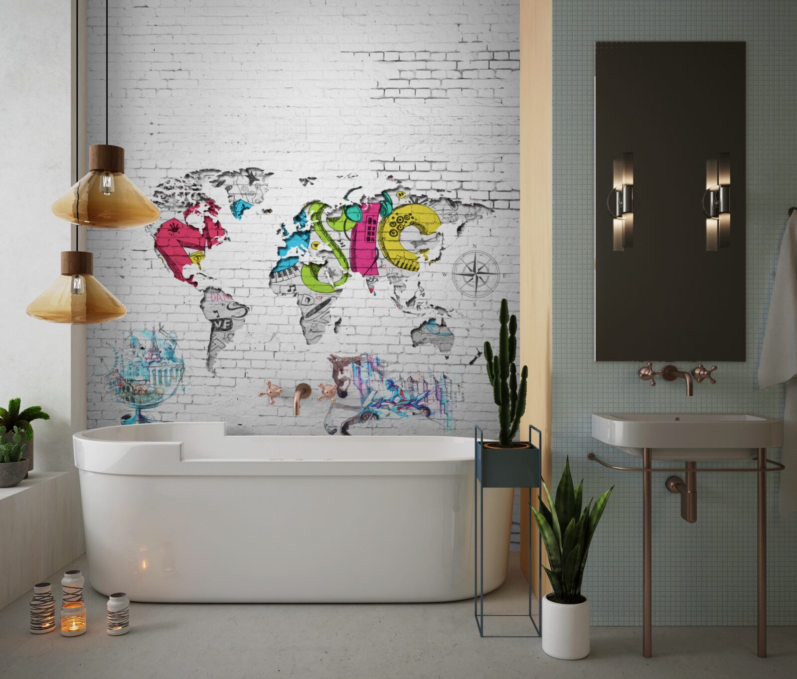 Fotobehang wereldkaart in verschillende kleuren op een witte muur