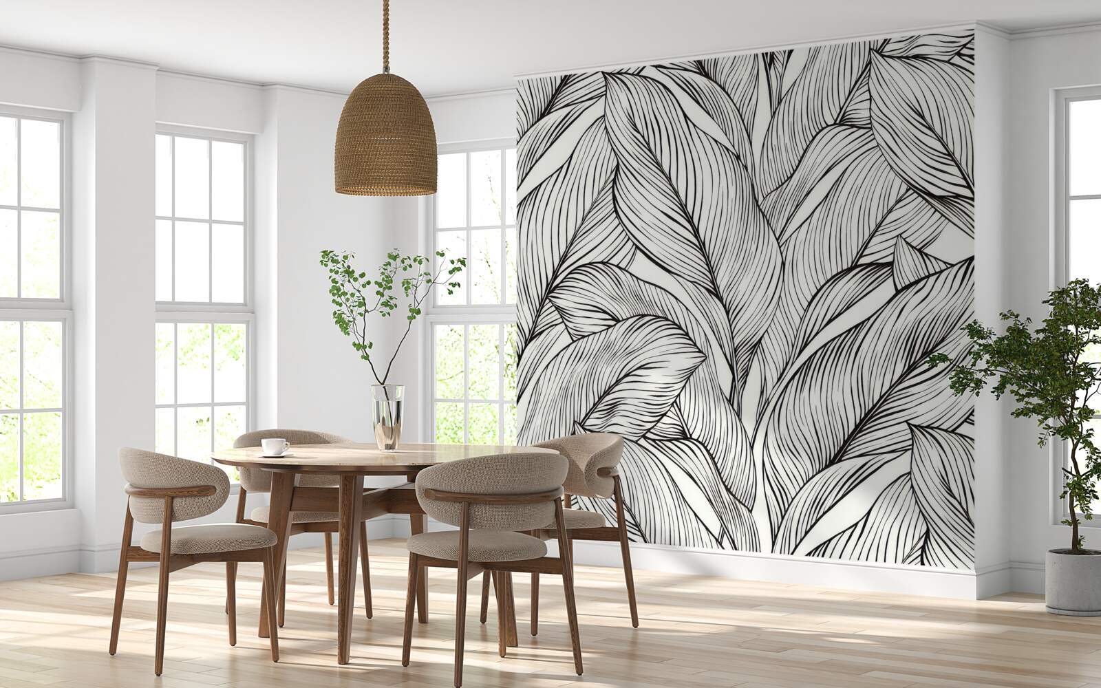 Fotobehang bladeren gemaakt in zwart-wit