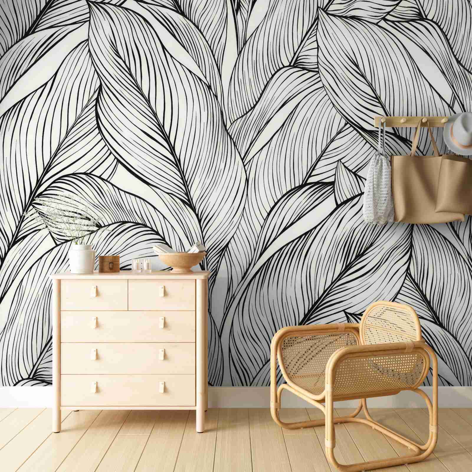 Fotobehang bladeren gemaakt in zwart-wit