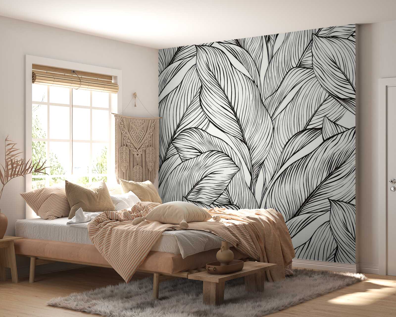 Fotobehang bladeren gemaakt in zwart-wit