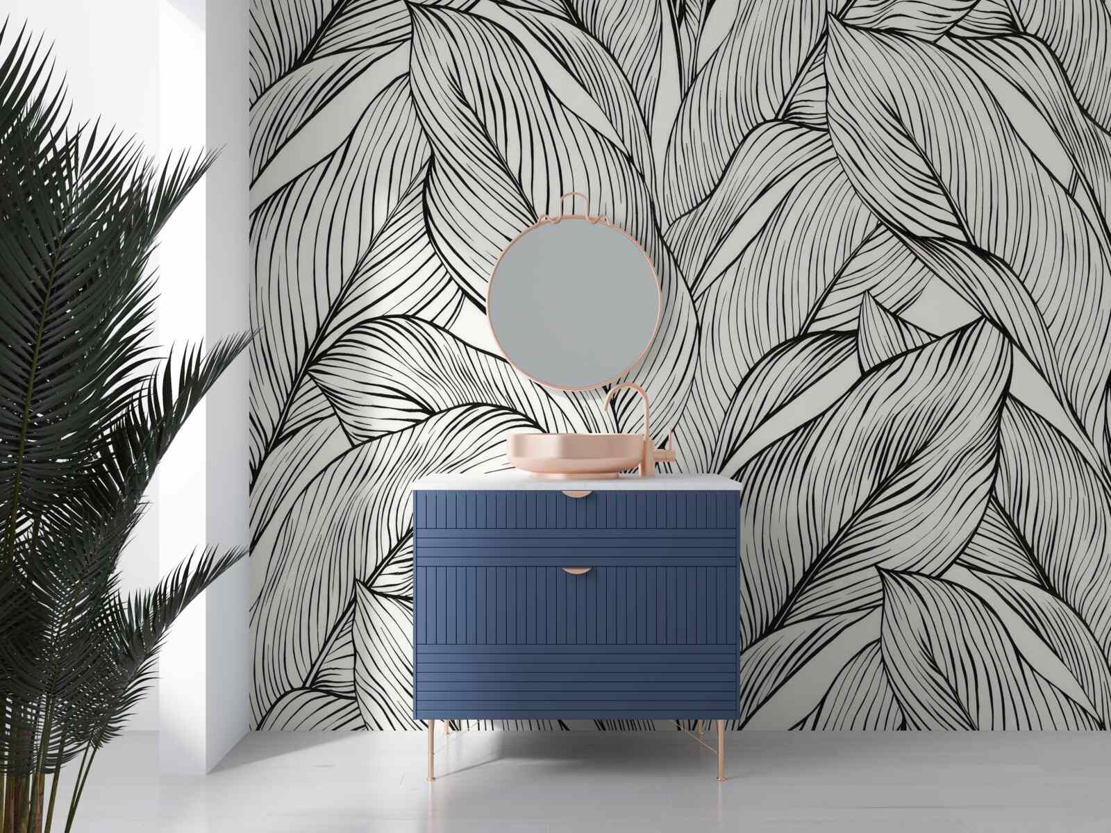 Fotobehang bladeren gemaakt in zwart-wit