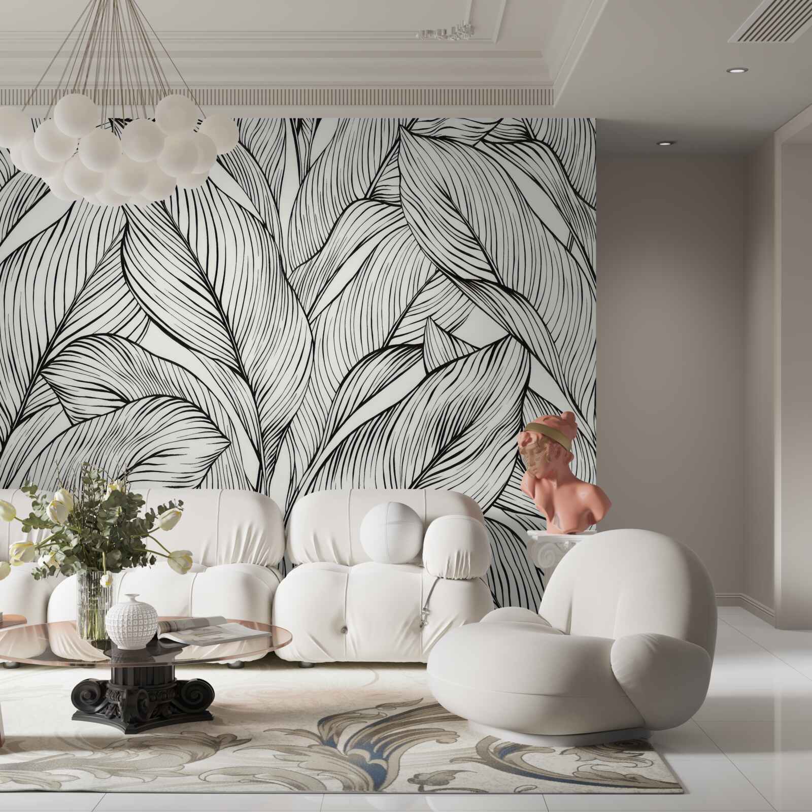 Fotobehang bladeren gemaakt in zwart-wit