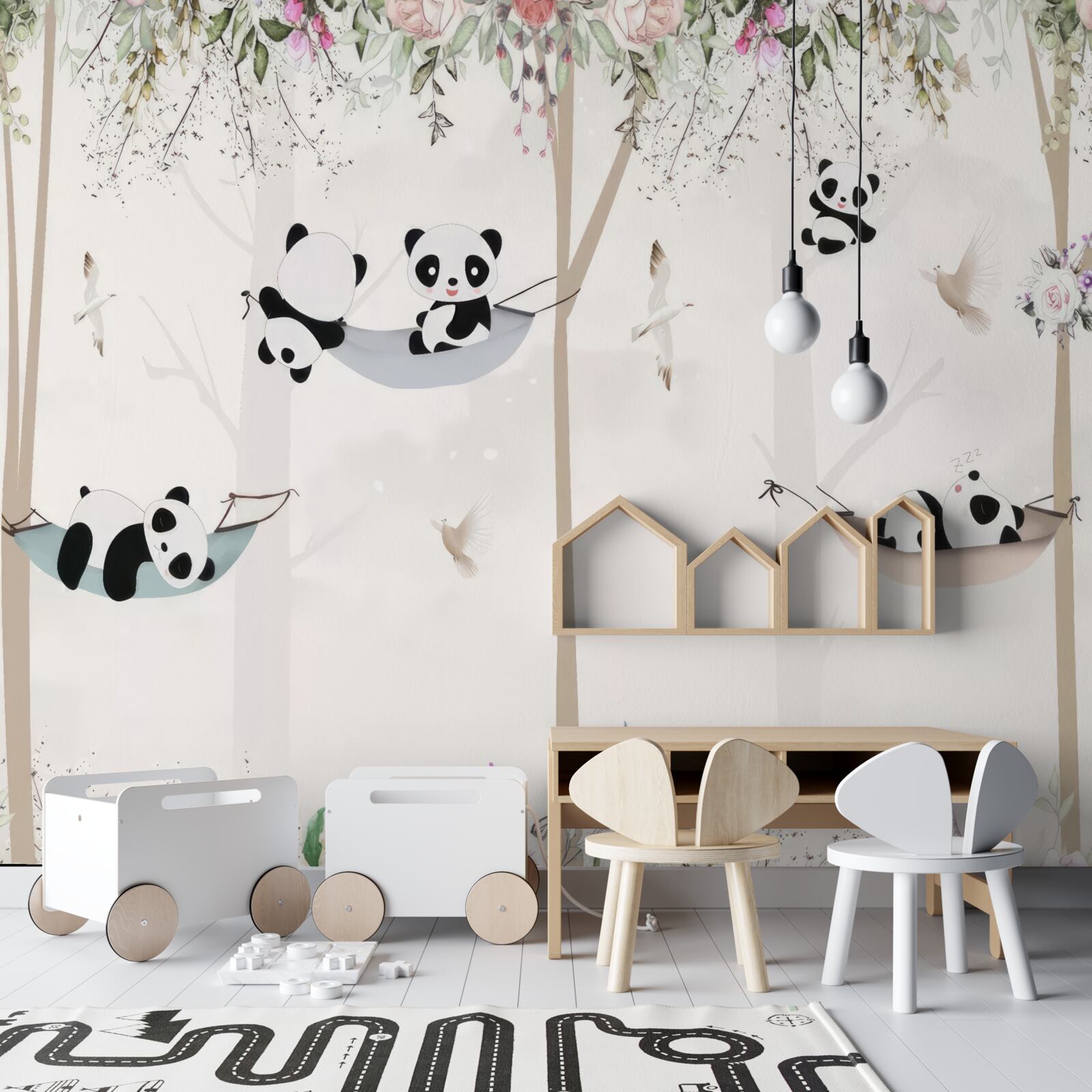 Fotobehang schattige panda's op hangende bedden