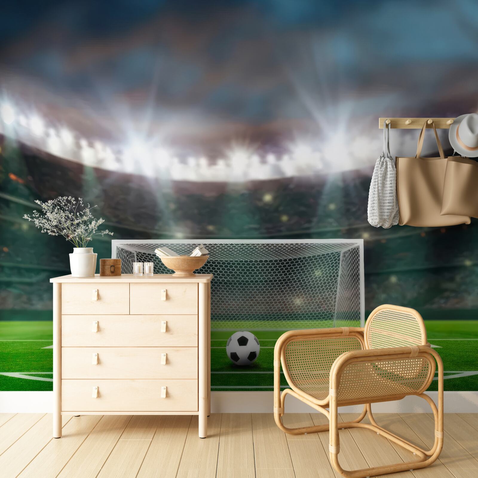 Fotobehang op het veld, naast het doel, ligt de bal