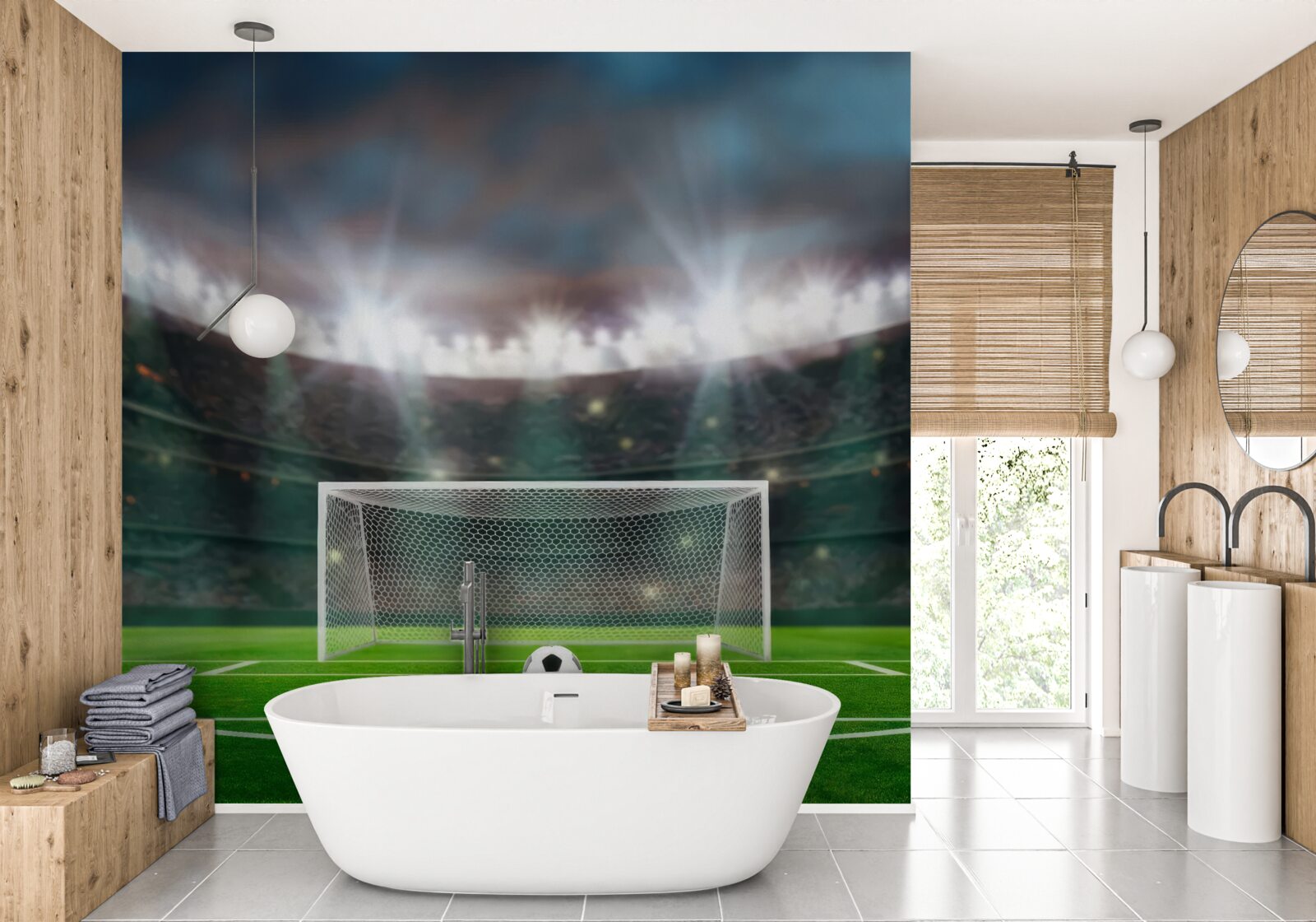 Fotobehang op het veld, naast het doel, ligt de bal