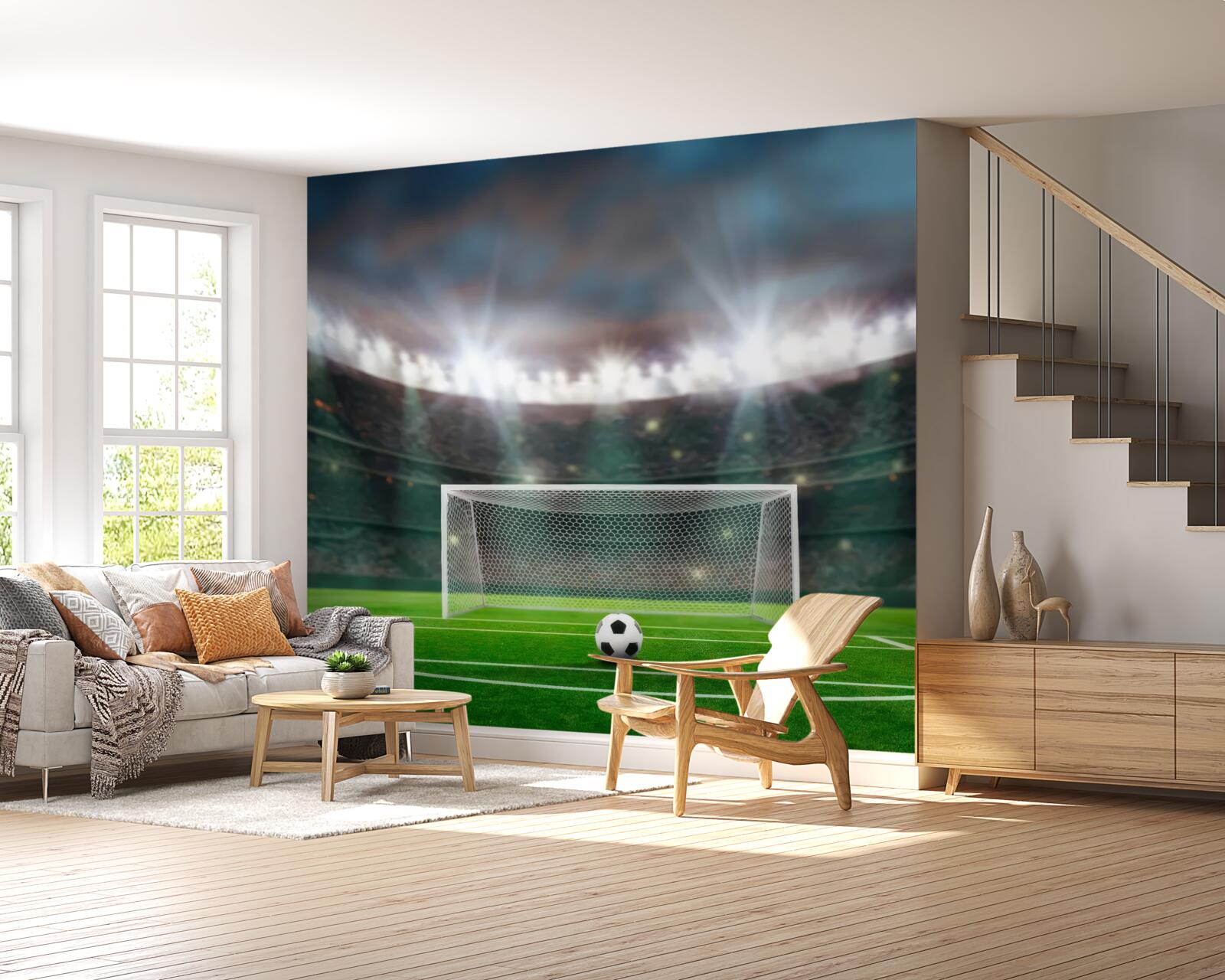 Fotobehang op het veld, naast het doel, ligt de bal