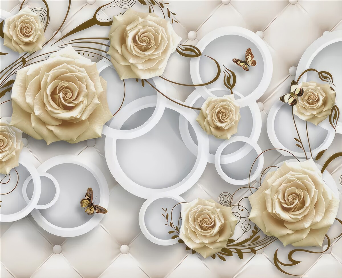 Fotobehang crèmekleurige rozen en vlinders