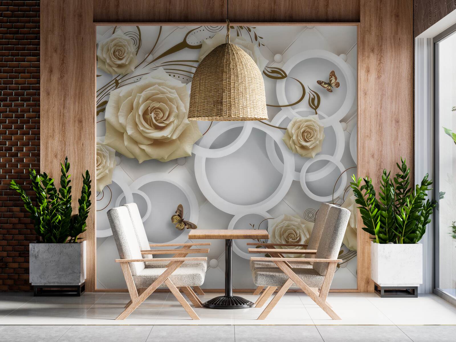 Fotobehang crèmekleurige rozen en vlinders