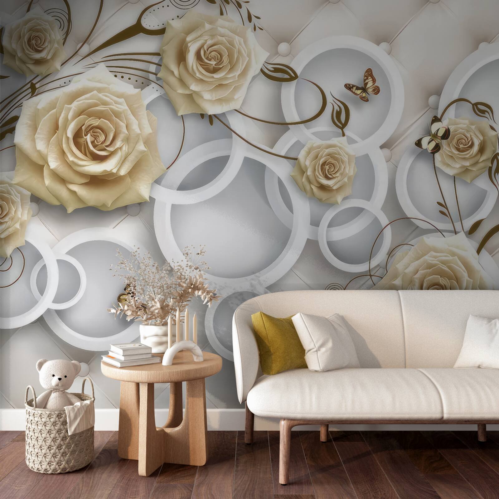 Fotobehang crèmekleurige rozen en vlinders