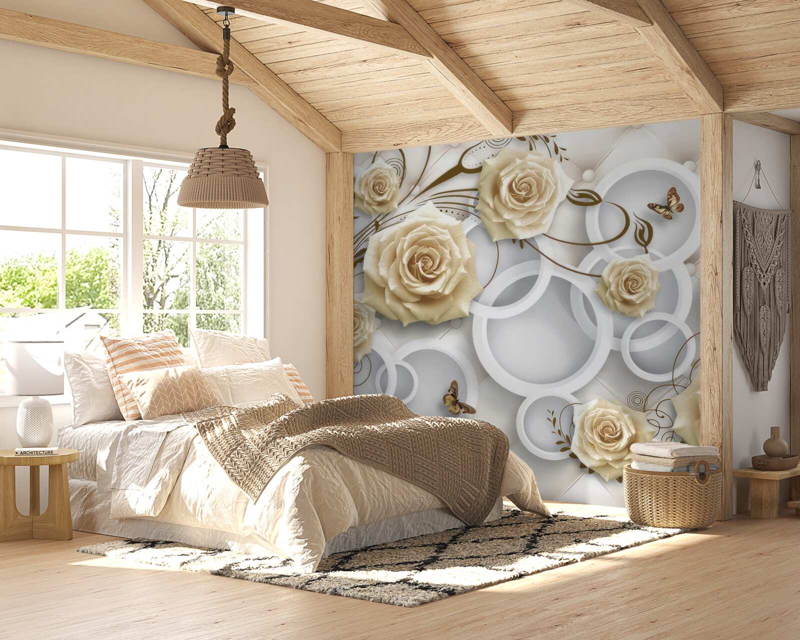 Fotobehang crèmekleurige rozen en vlinders