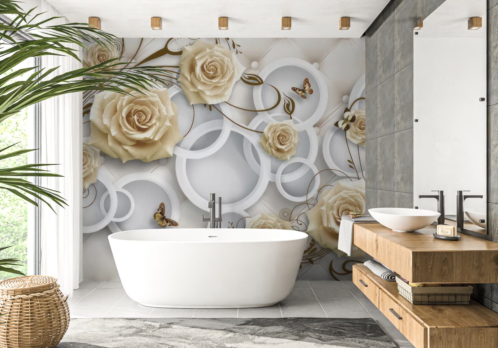 Fotobehang crèmekleurige rozen en vlinders