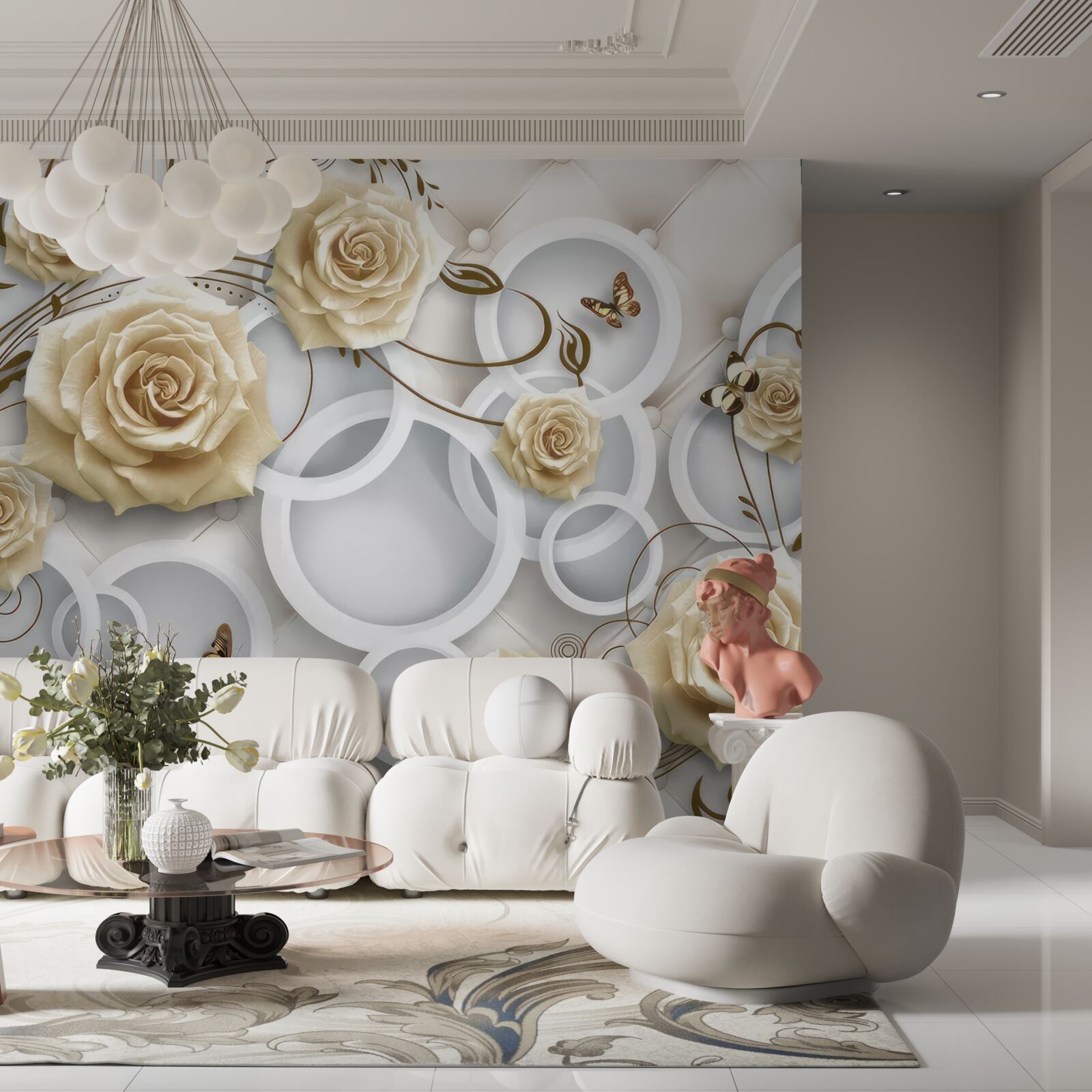 Fotobehang crèmekleurige rozen en vlinders