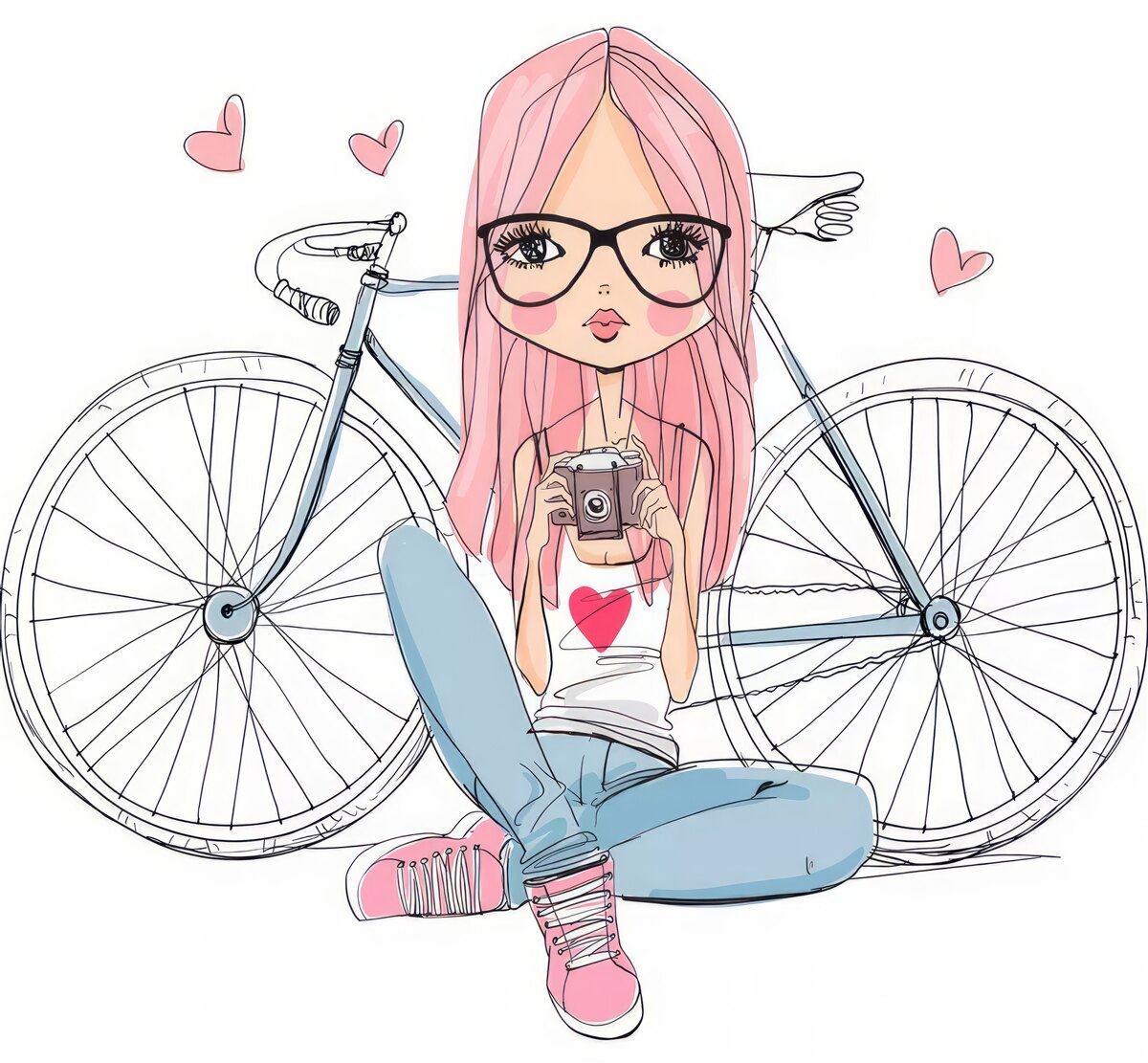 Fotobehang een meisje met een camera in haar handen leunde tegen een fiets