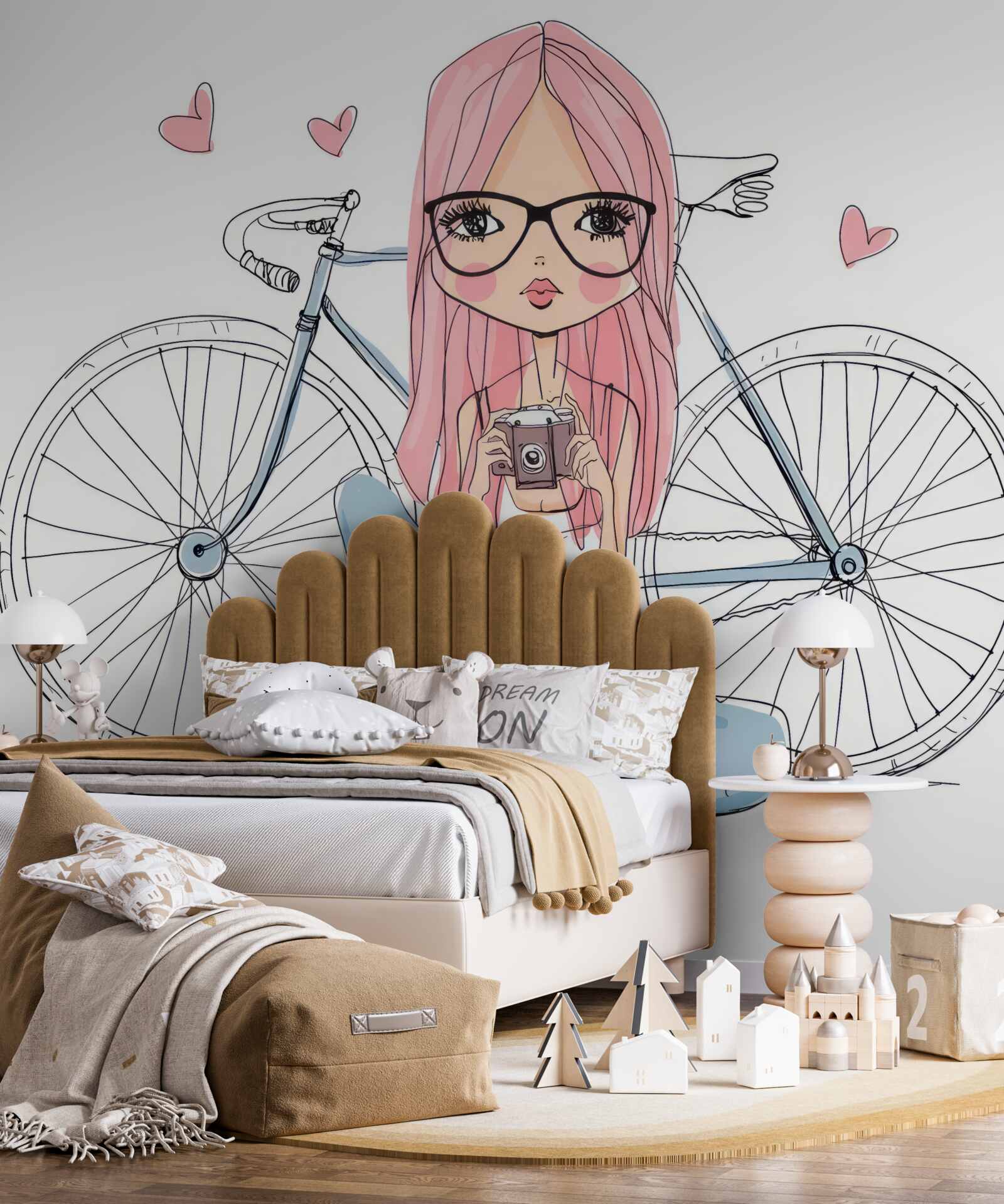 Fotobehang een meisje met een camera in haar handen leunde tegen een fiets