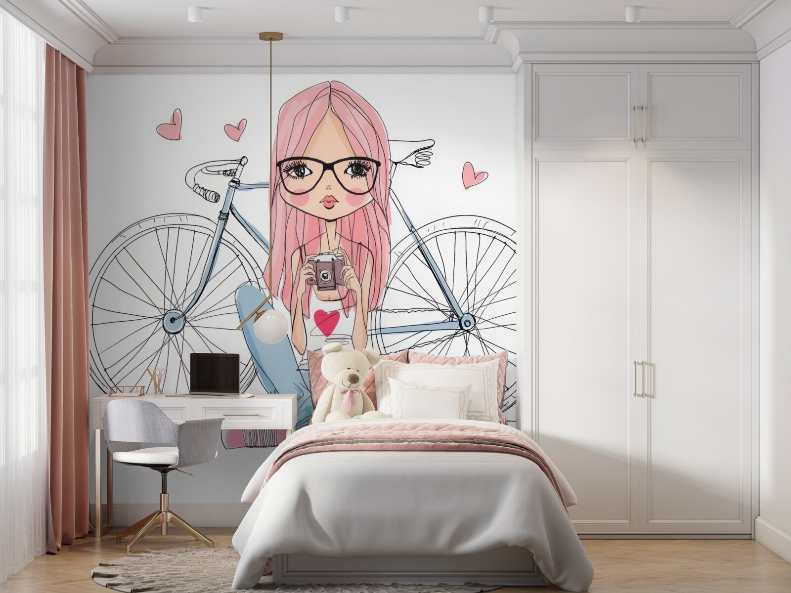 Fotobehang een meisje met een camera in haar handen leunde tegen een fiets