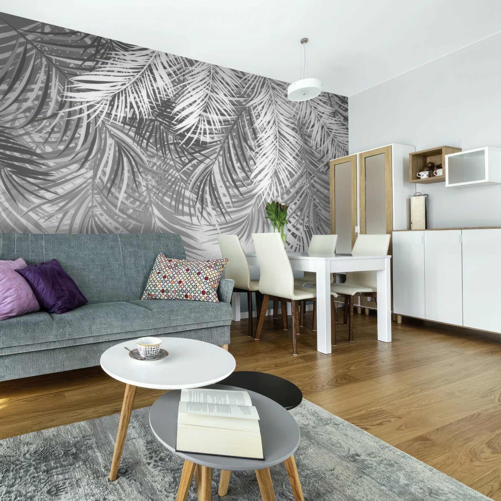 Fotobehang hangende varens in witte en grijze tinten