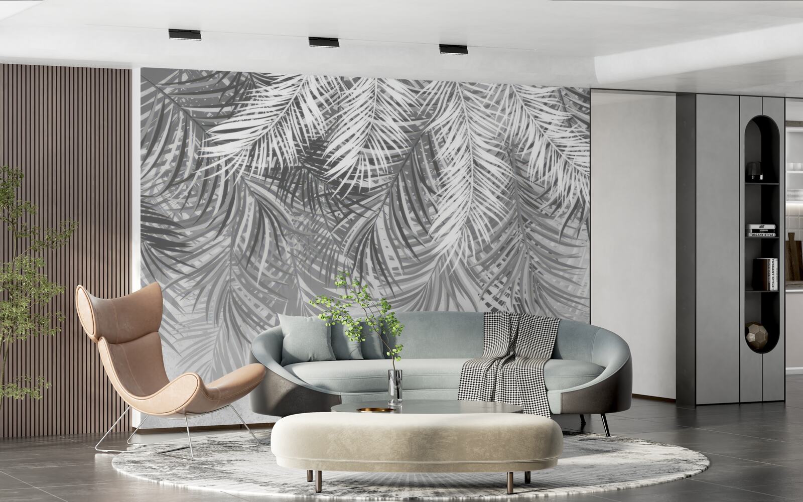 Fotobehang hangende varens in witte en grijze tinten