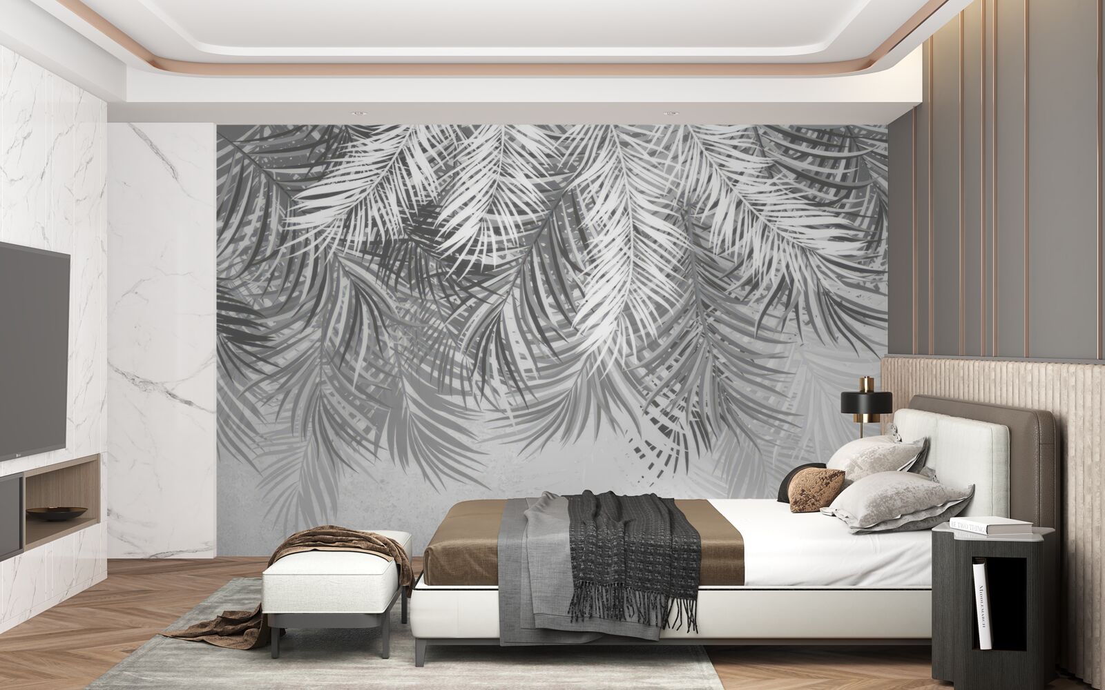 Fotobehang hangende varens in witte en grijze tinten