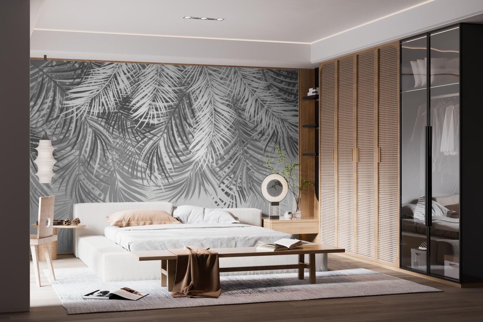 Fotobehang hangende varens in witte en grijze tinten