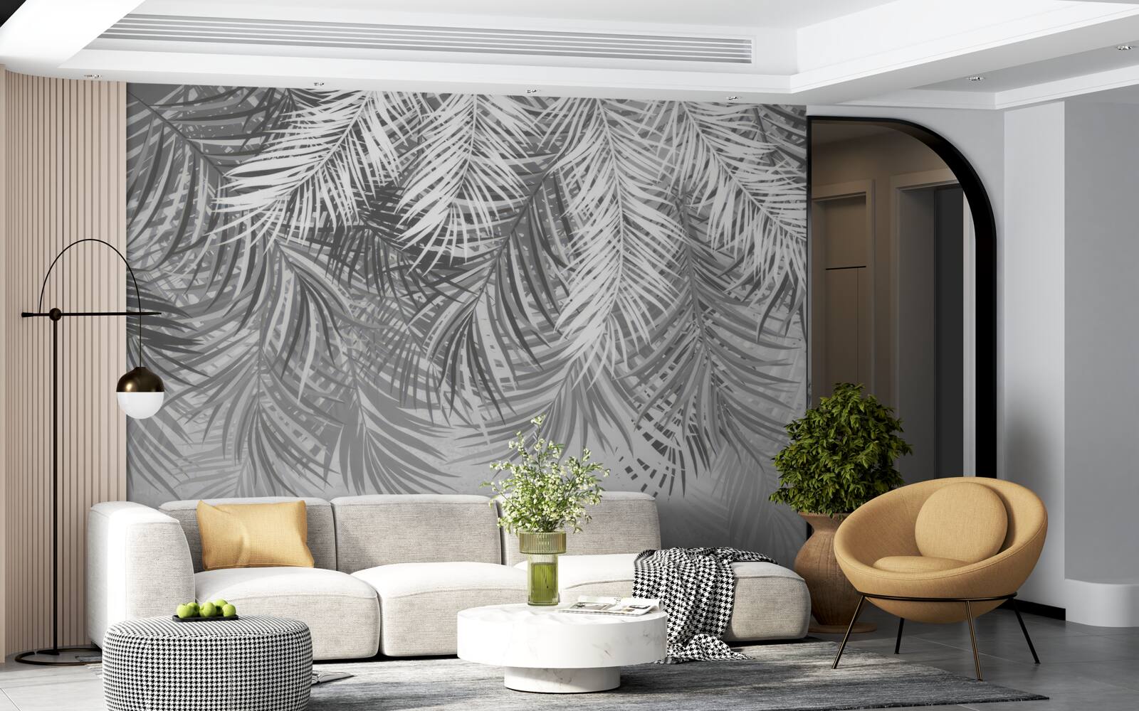 Fotobehang hangende varens in witte en grijze tinten