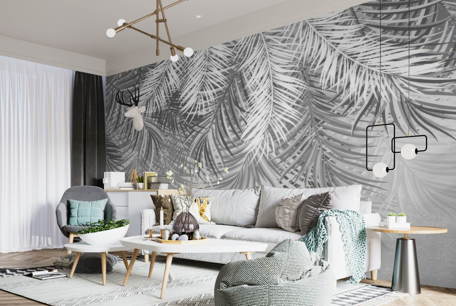 Fotobehang hangende varens in witte en grijze tinten