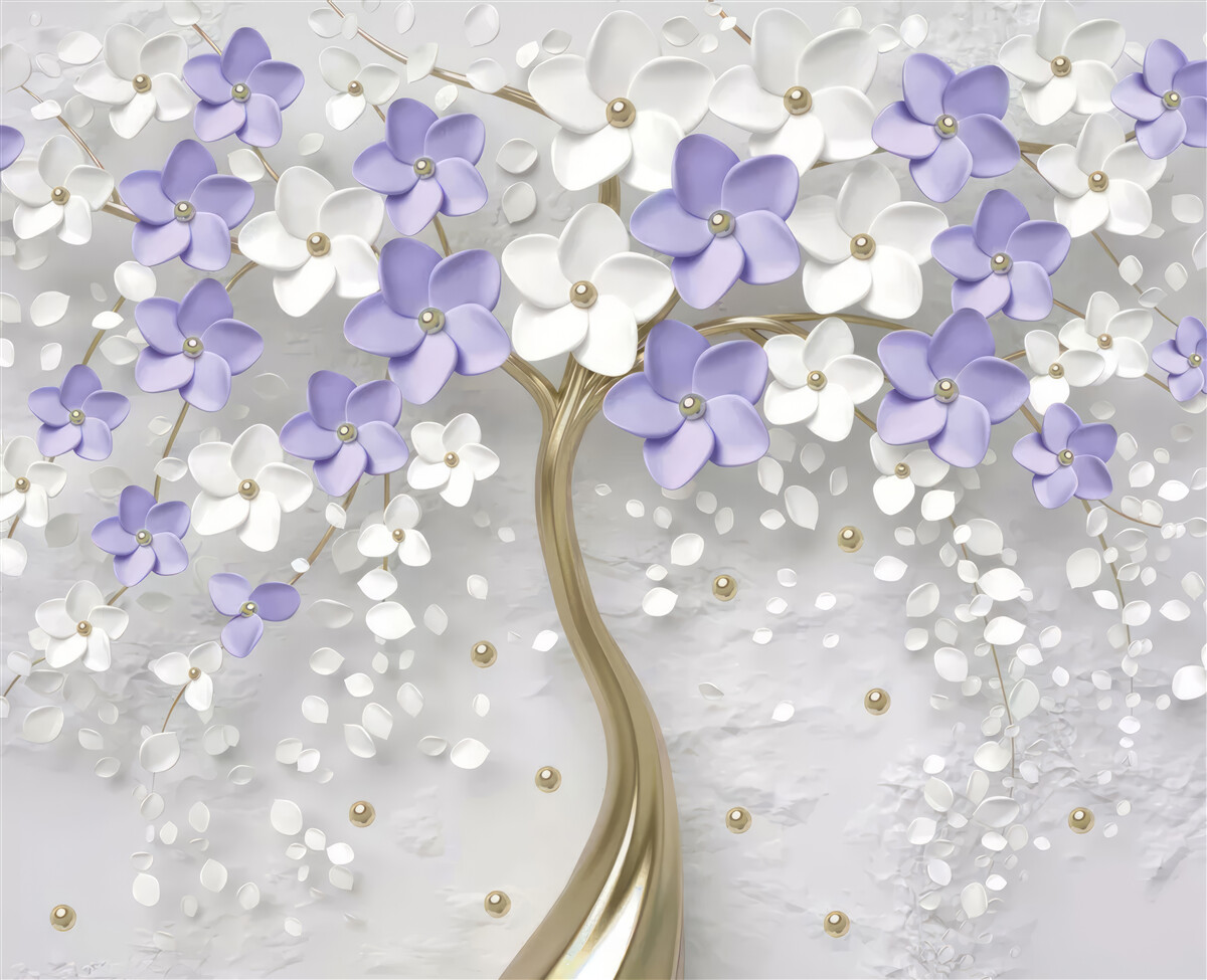 Fotobehang gouden boom versierd met witte en lila bloemen