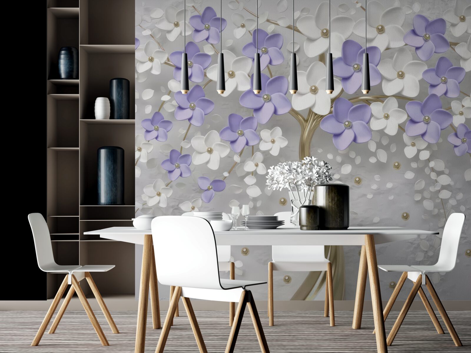 Fotobehang gouden boom versierd met witte en lila bloemen