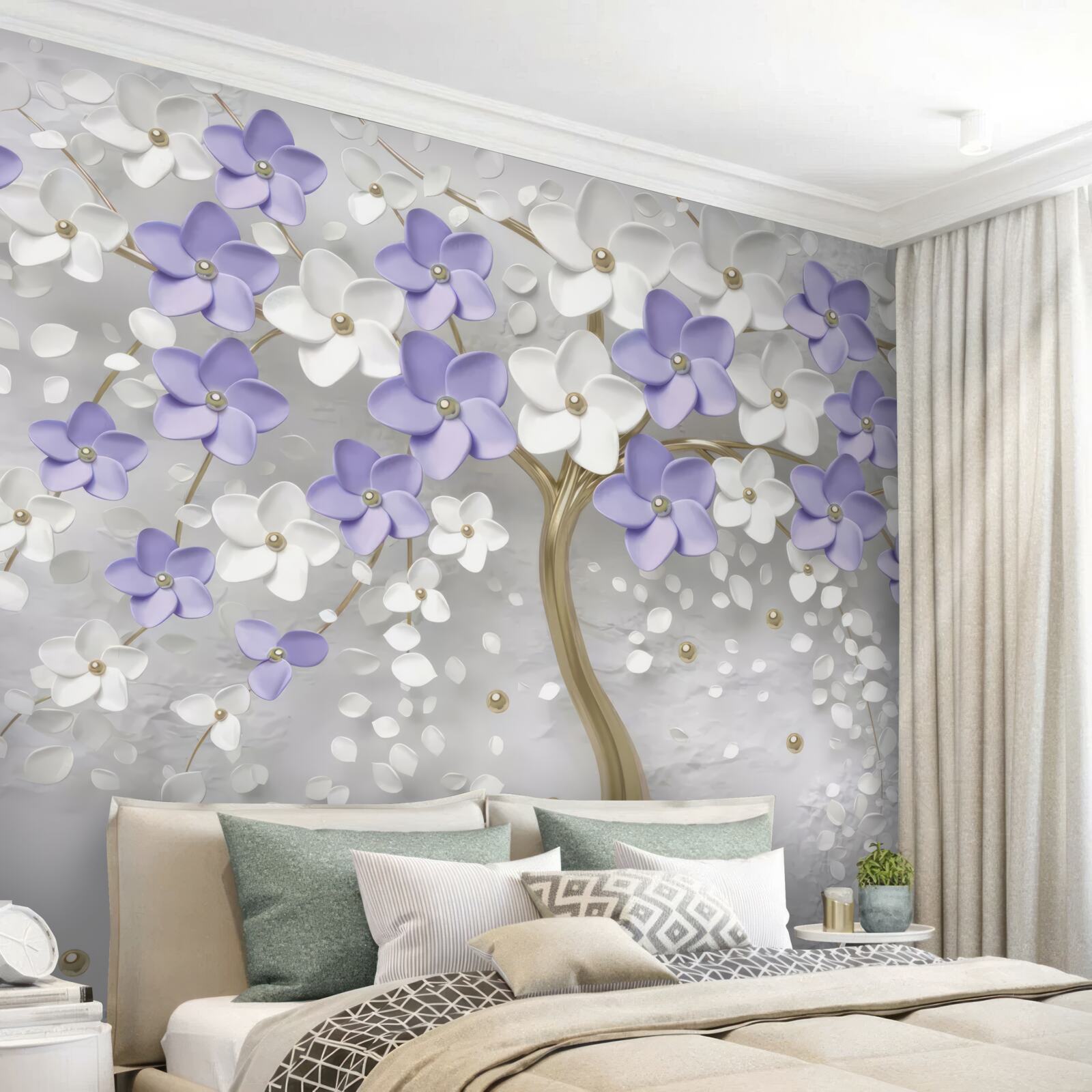 Fotobehang gouden boom versierd met witte en lila bloemen