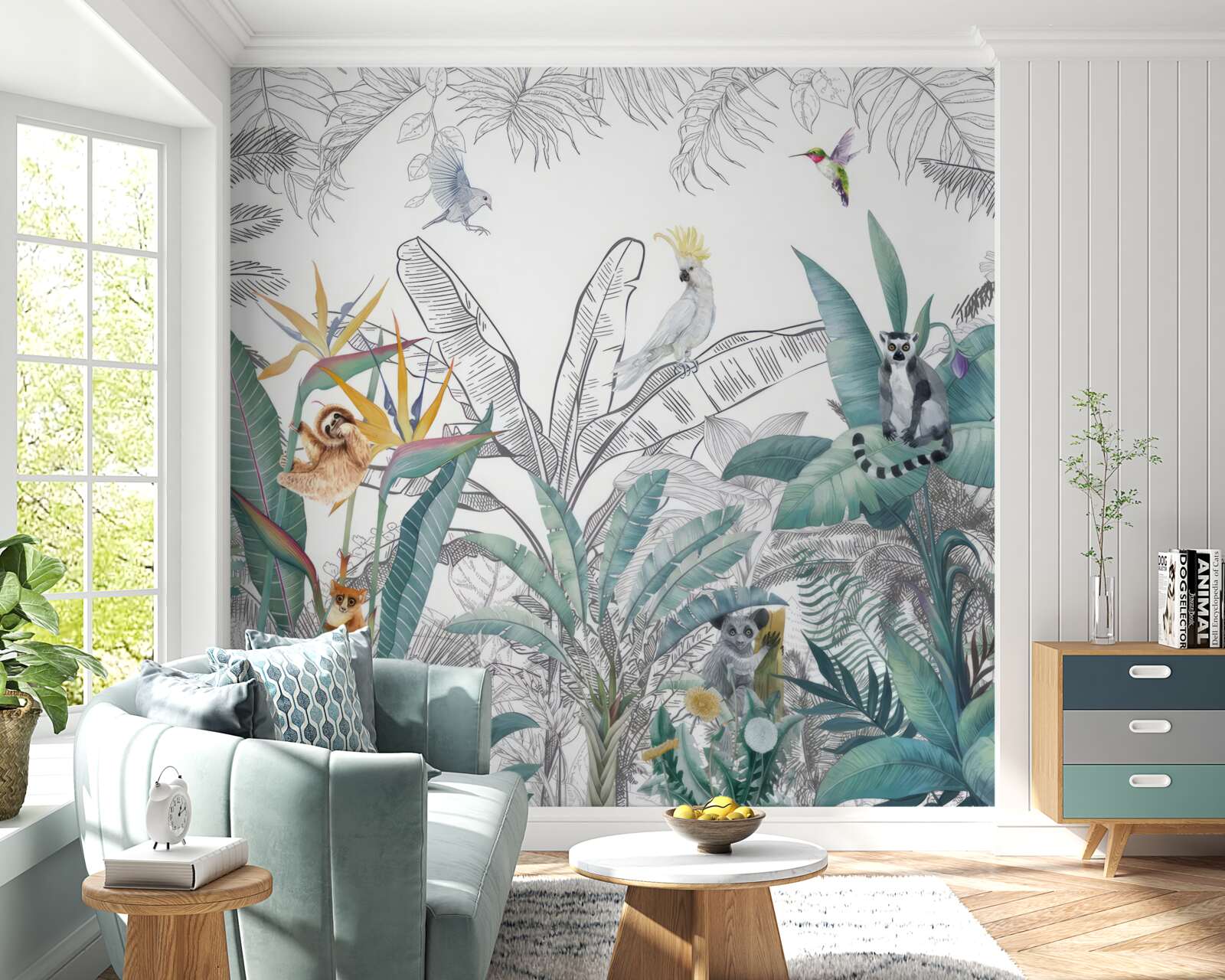 Fotobehang vogels en dieren op verschillende bladeren