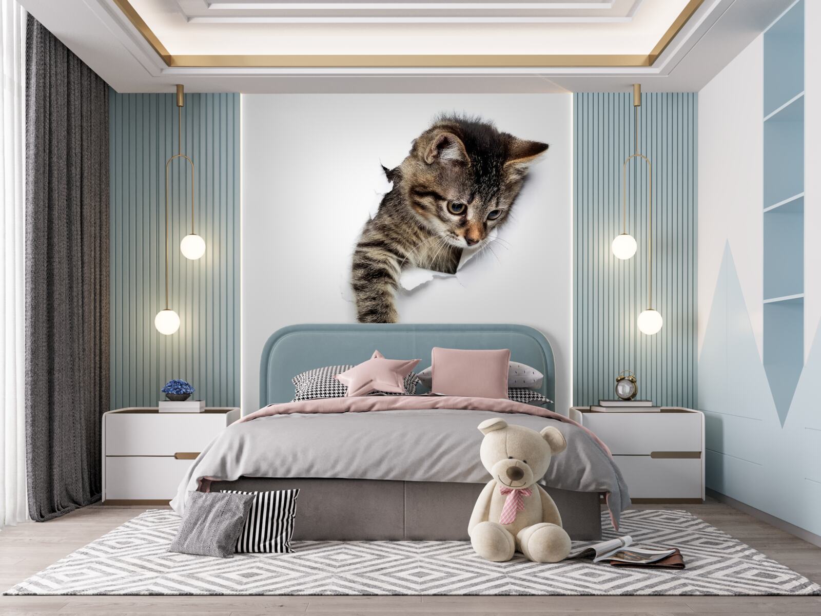 Fotobehang een katje komt tevoorschijn uit een witte muur