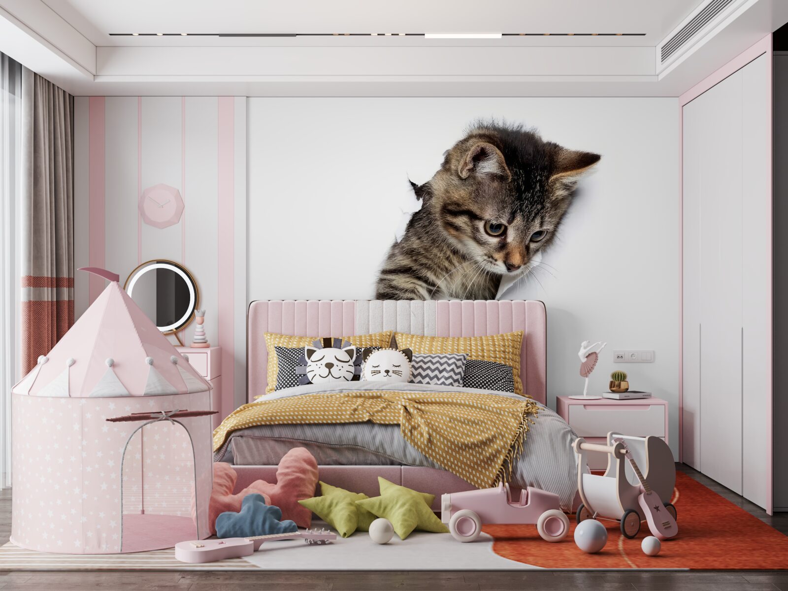 Fotobehang een katje komt tevoorschijn uit een witte muur