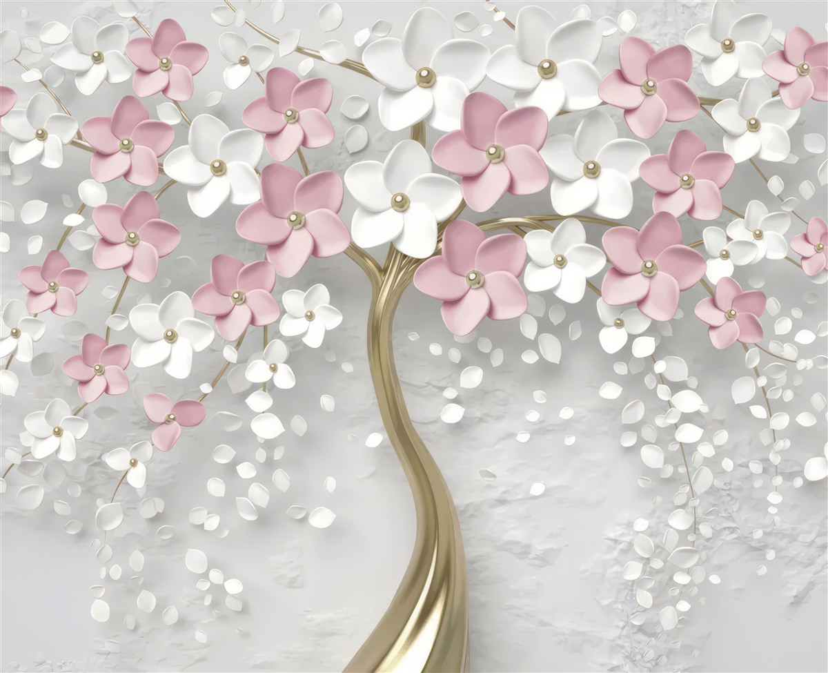 Fotobehang kleine bloemen in wit en roze op een boom met gouden bladeren