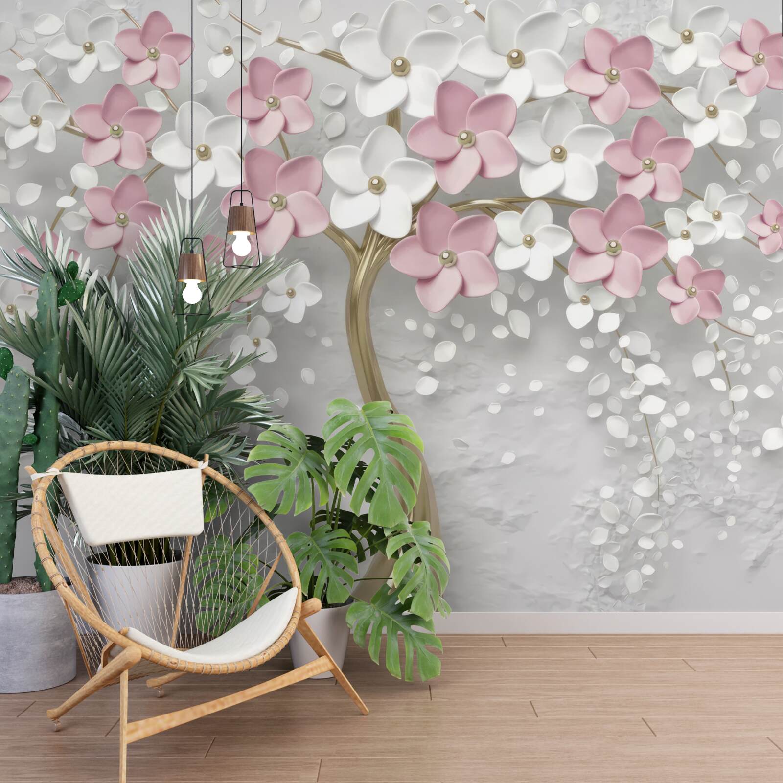 Fotobehang kleine bloemen in wit en roze op een boom met gouden bladeren