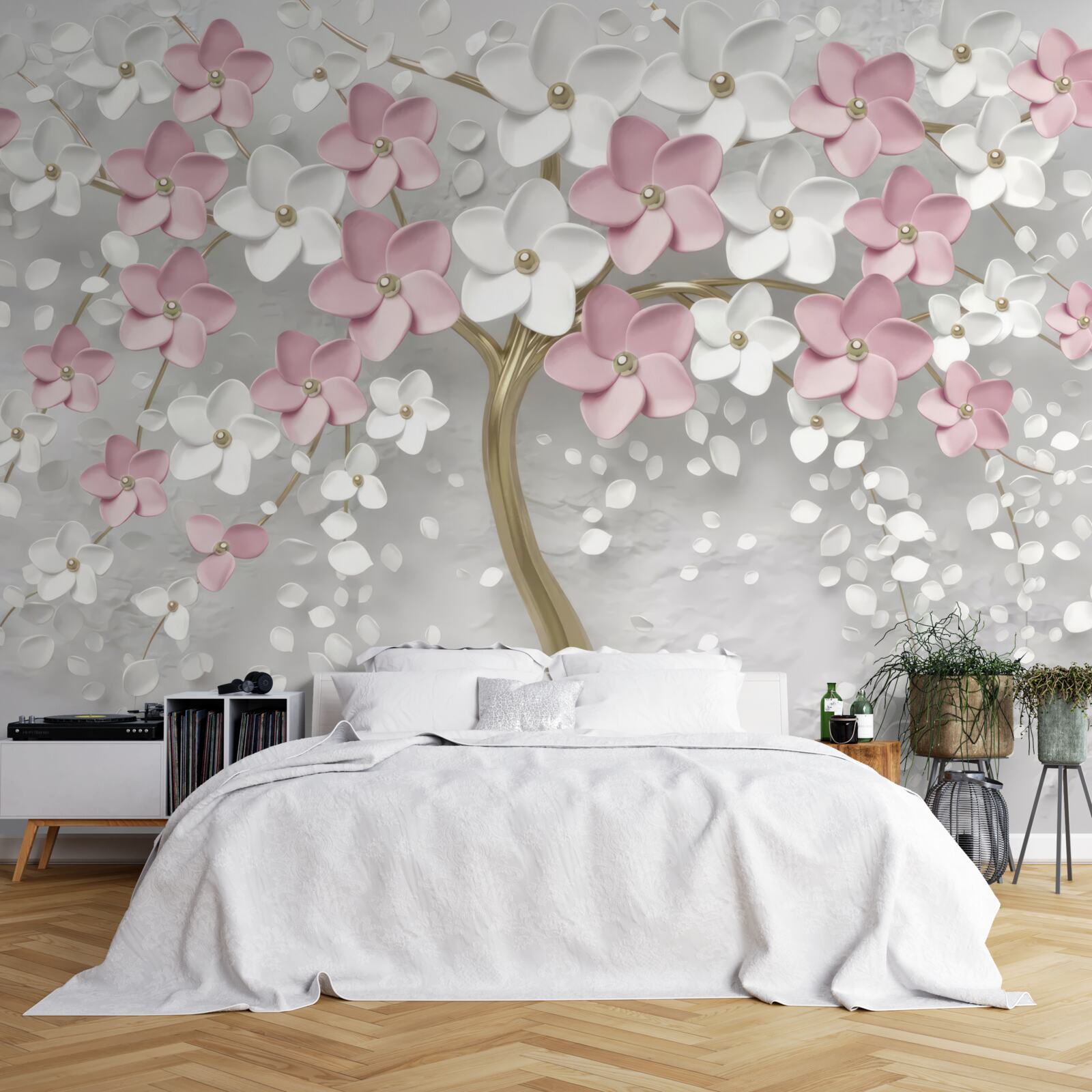 Fotobehang kleine bloemen in wit en roze op een boom met gouden bladeren