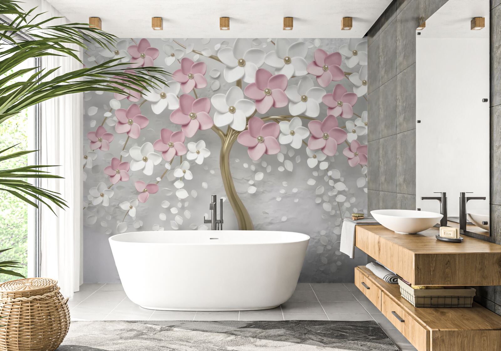 Fotobehang kleine bloemen in wit en roze op een boom met gouden bladeren