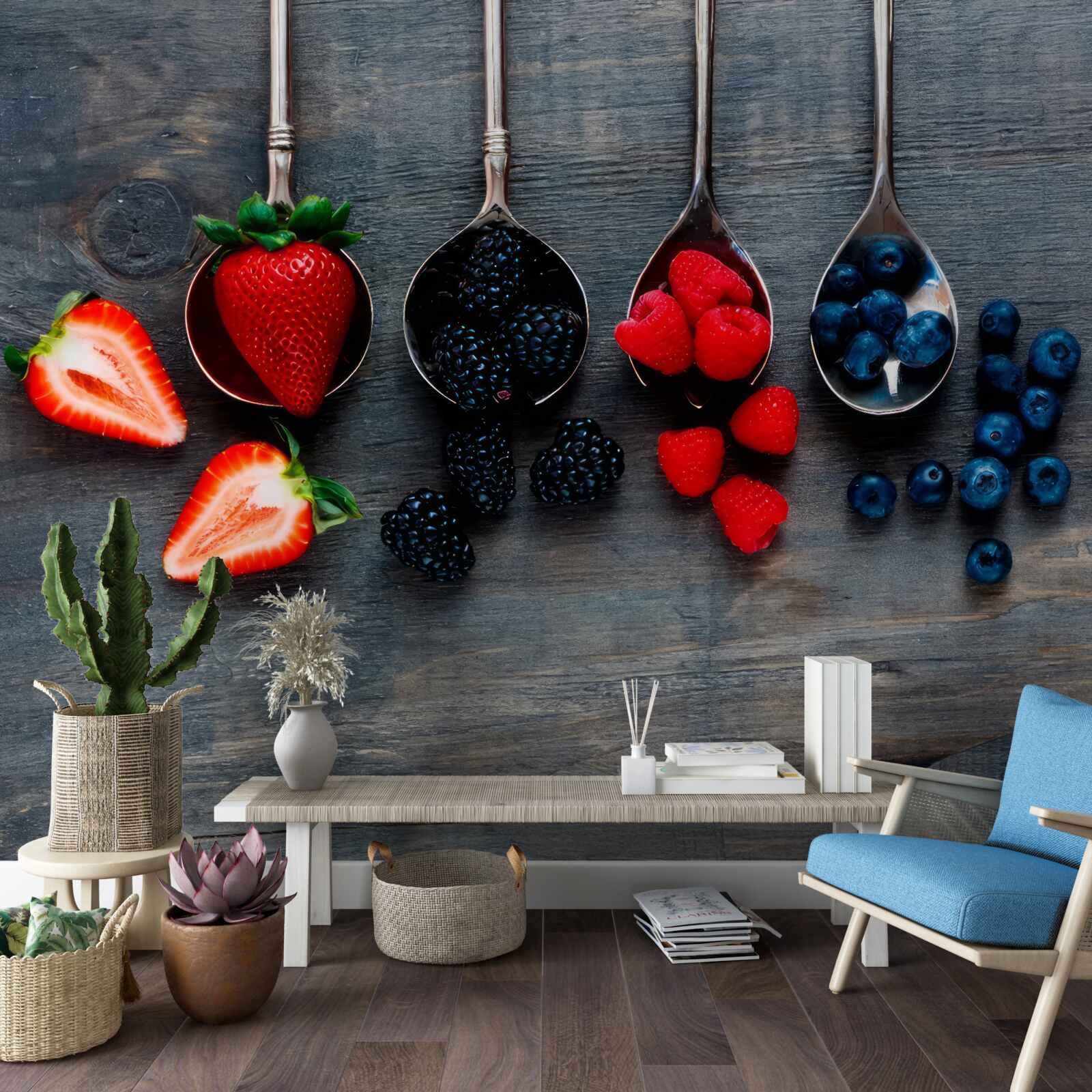 Fotobehang Lepels gevuld met bessen