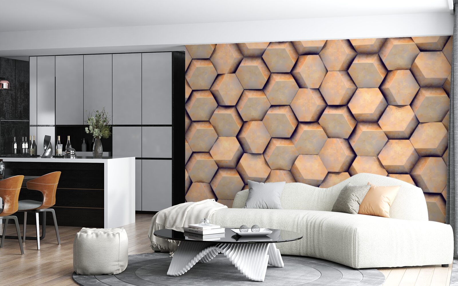 Fotobehang bruine zeshoeken met een driedimensionale vorm