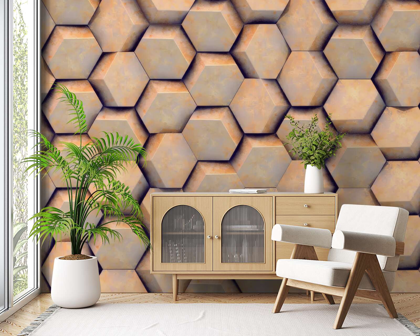 Fotobehang bruine zeshoeken met een driedimensionale vorm