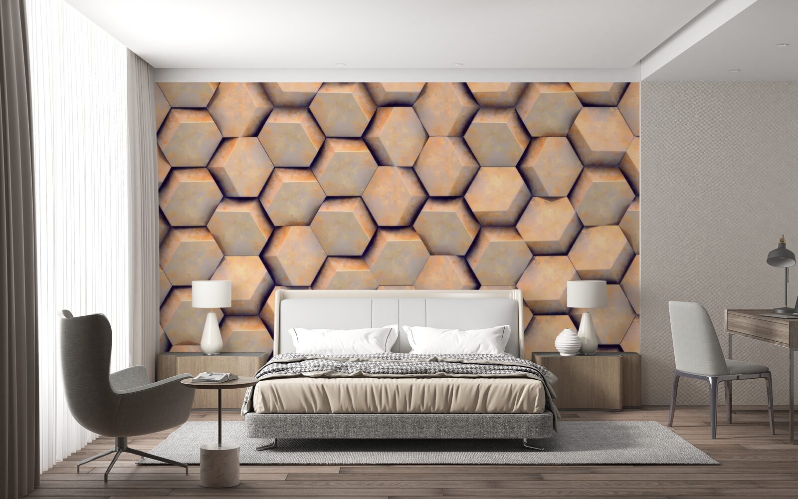 Fotobehang bruine zeshoeken met een driedimensionale vorm