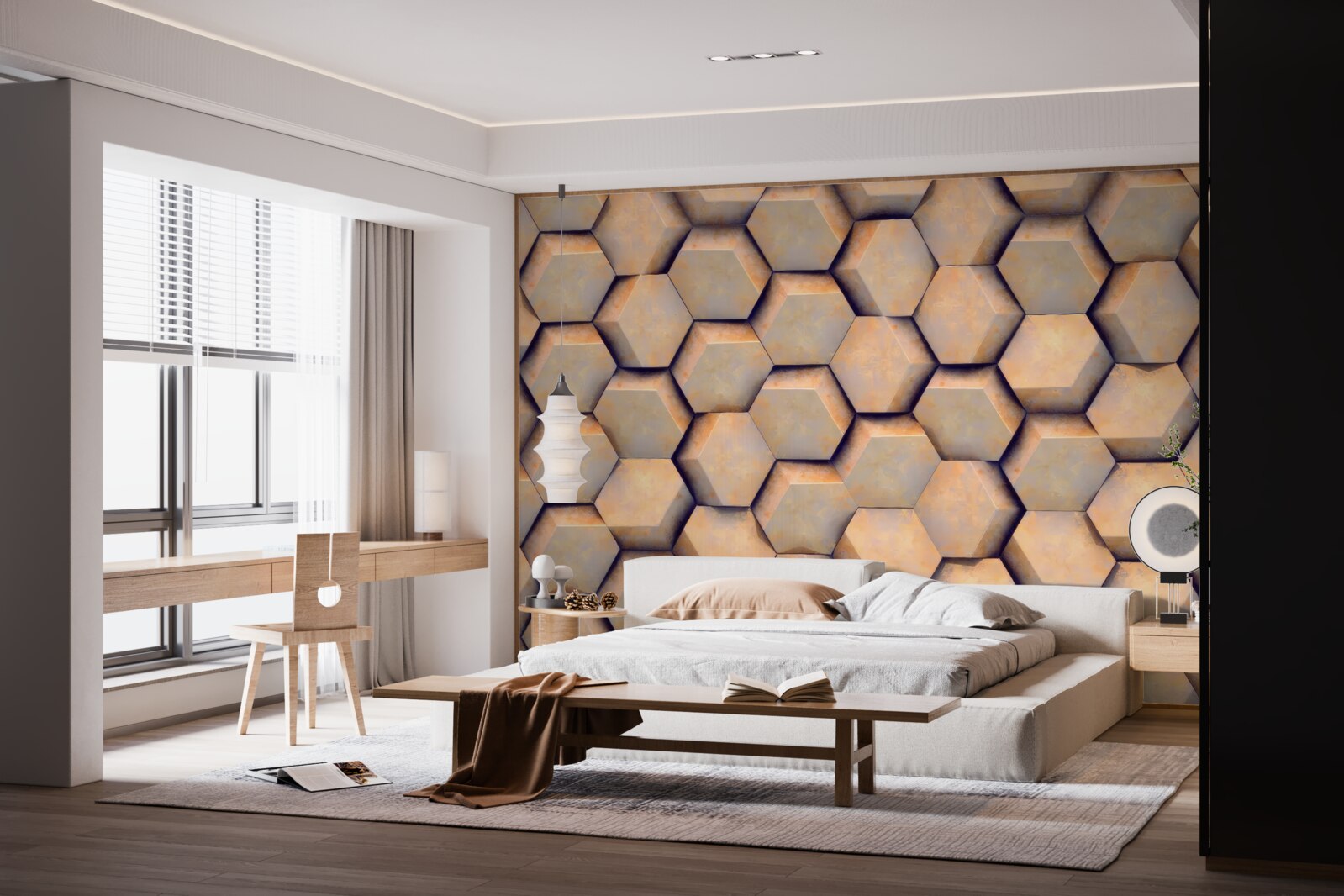 Fotobehang bruine zeshoeken met een driedimensionale vorm