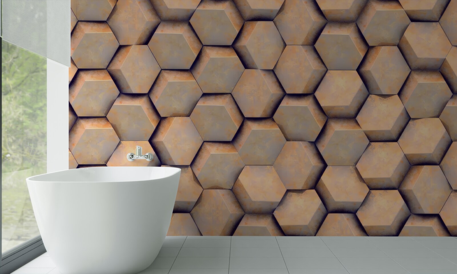 Fotobehang bruine zeshoeken met een driedimensionale vorm