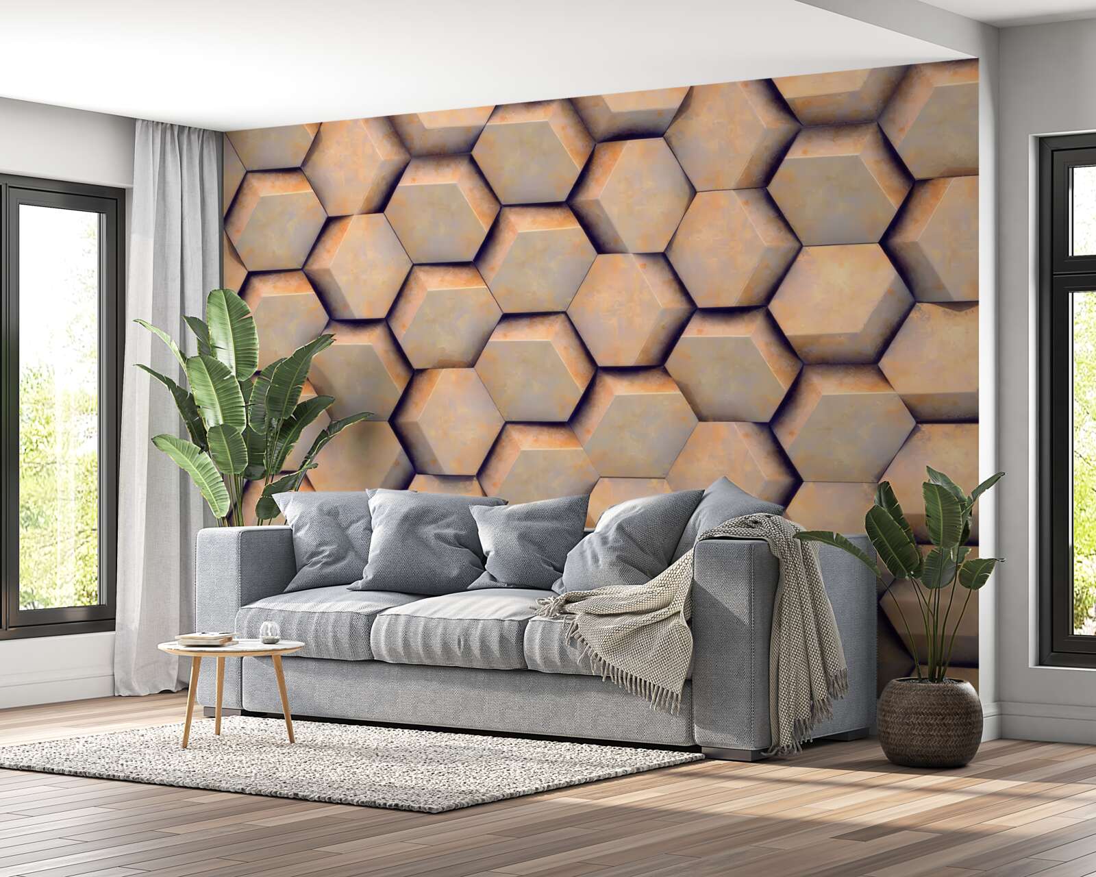 Fotobehang bruine zeshoeken met een driedimensionale vorm