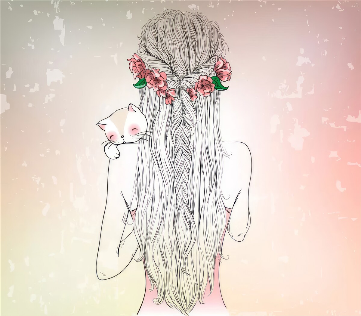 Fotobehang meisje staat achterover met een kat in haar handen