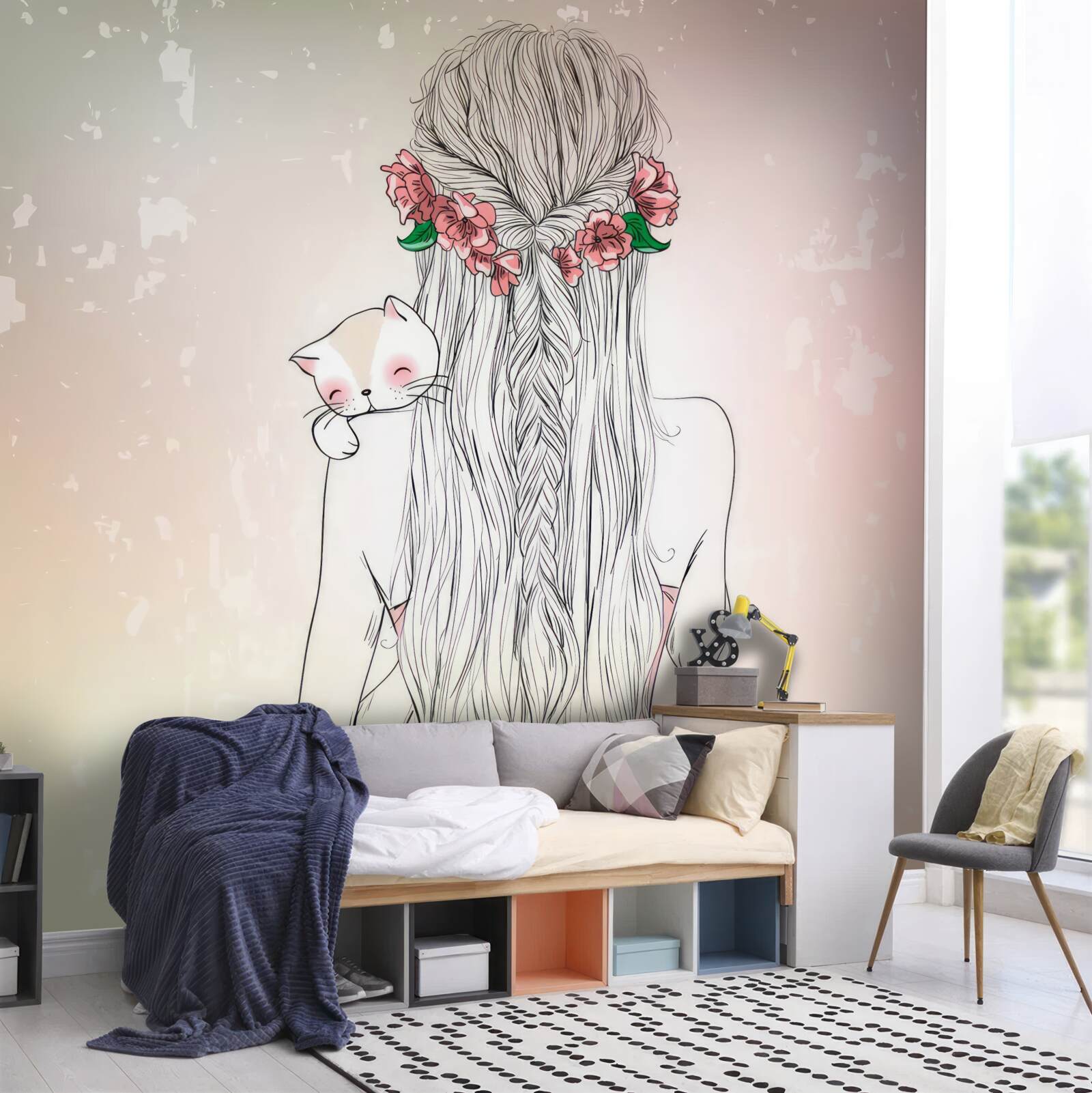 Fotobehang meisje staat achterover met een kat in haar handen